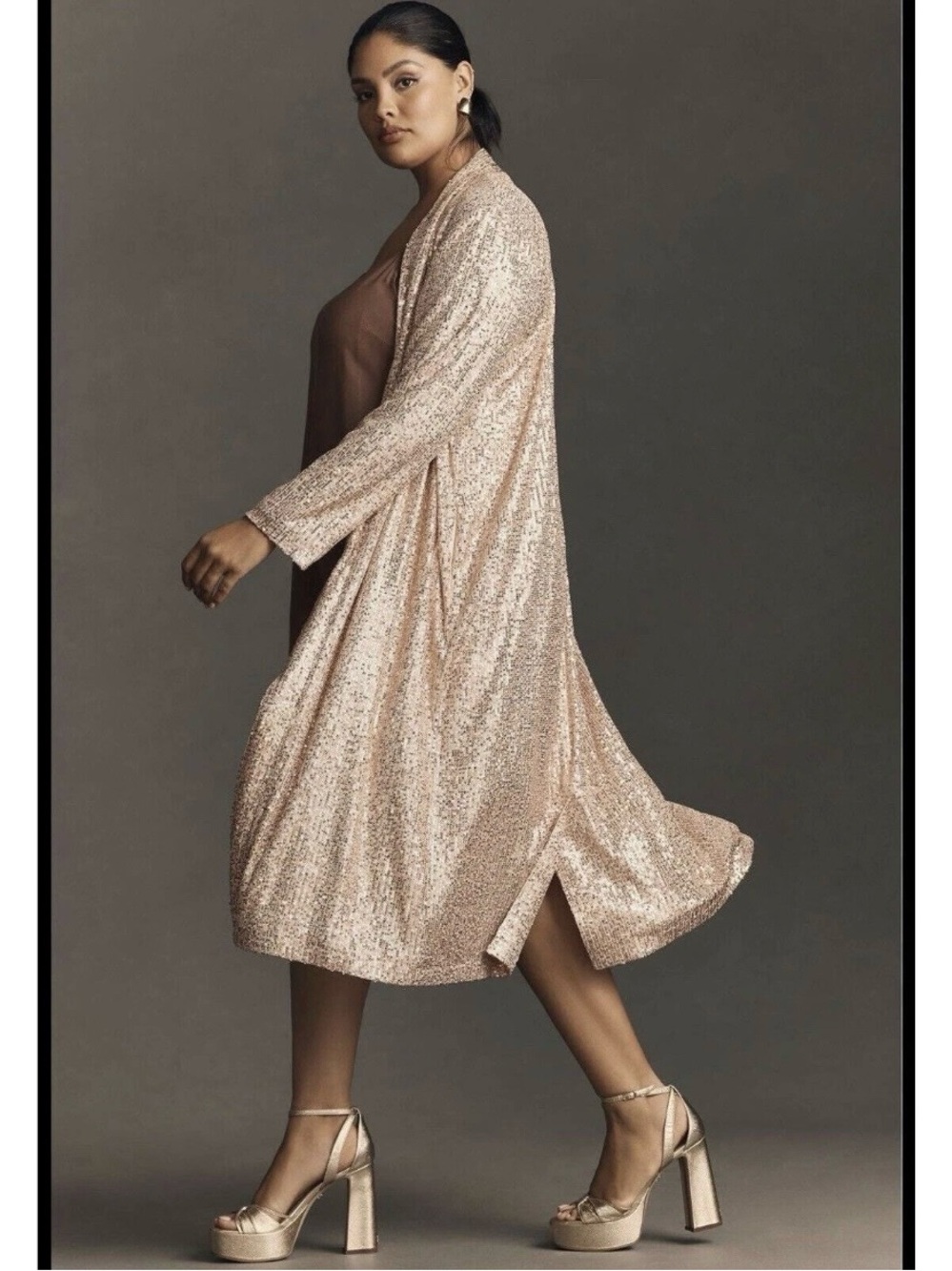 Mare Mare for Anthropologie Rose Gold Sequin Longline Duster Rose Gold Sz S NWT - Picture 3 of 14